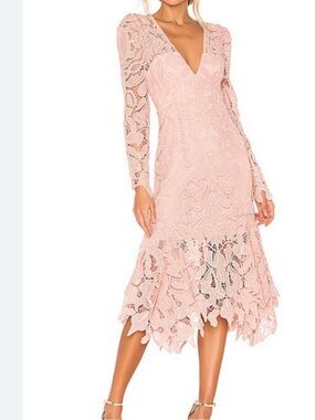 Women's Blush Lace V-Neck Long Sleeve Midi Dress
